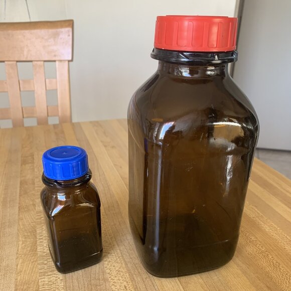 Two  Glass Square Amber Bottles w/ Cap - Picture 1 of 3